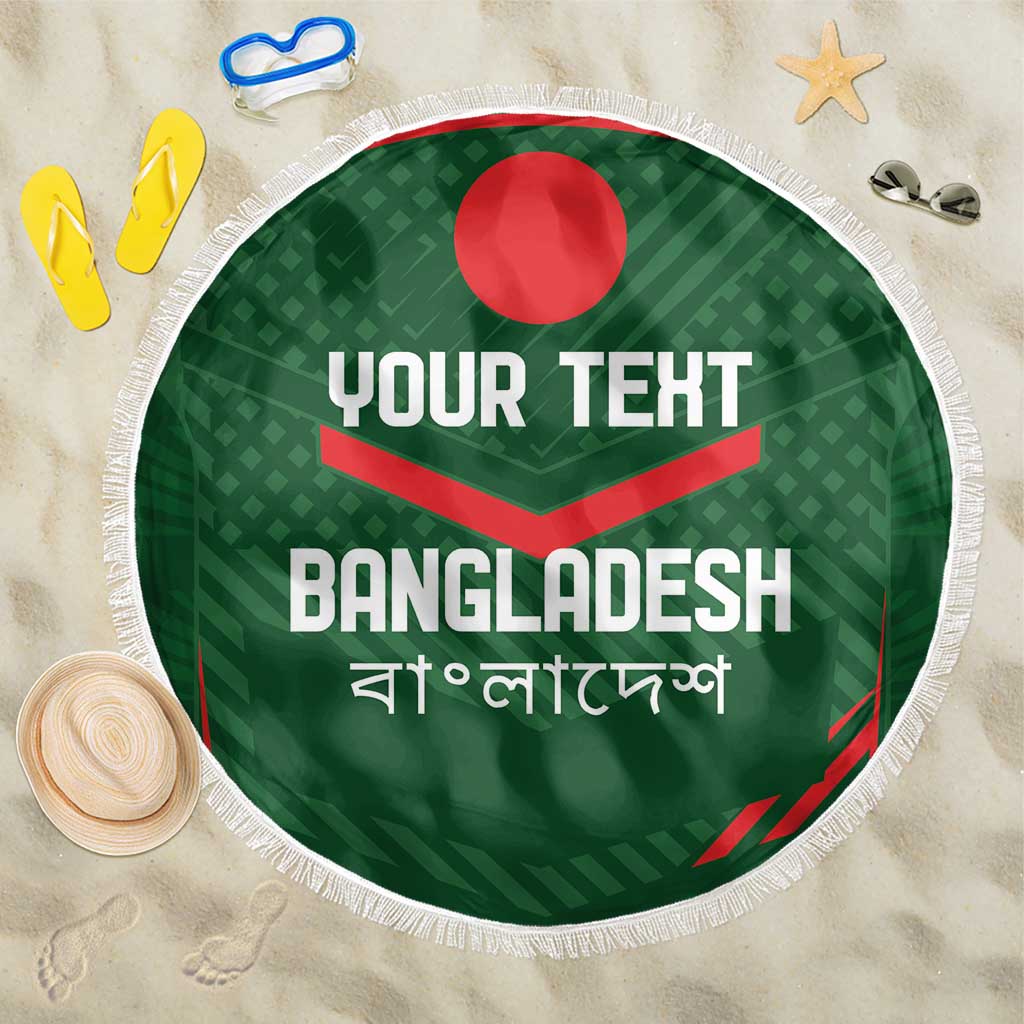Green circular Bangladesh beach blanket with white fringe border and custom text