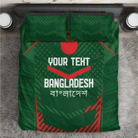 Green cricket bedding set laid flat with red emblem and 'YOUR TEXT' panel