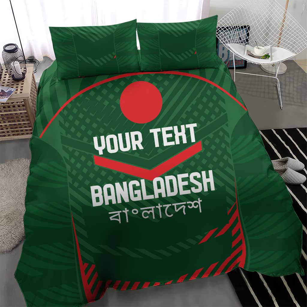 Green bedding set with red circle and 'YOUR TEXT' Bangladesh print