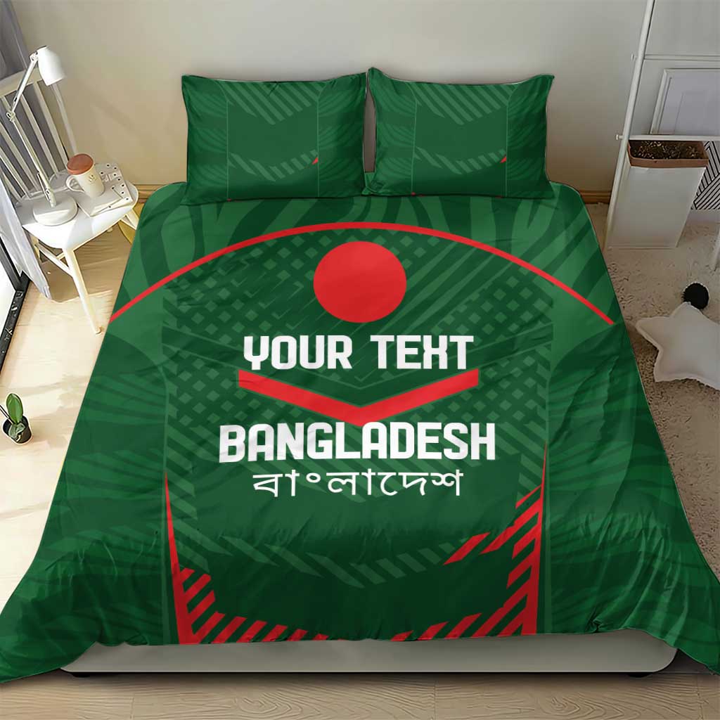 Green cricket bedding set with red emblem, 'YOUR TEXT' and Bangladesh text