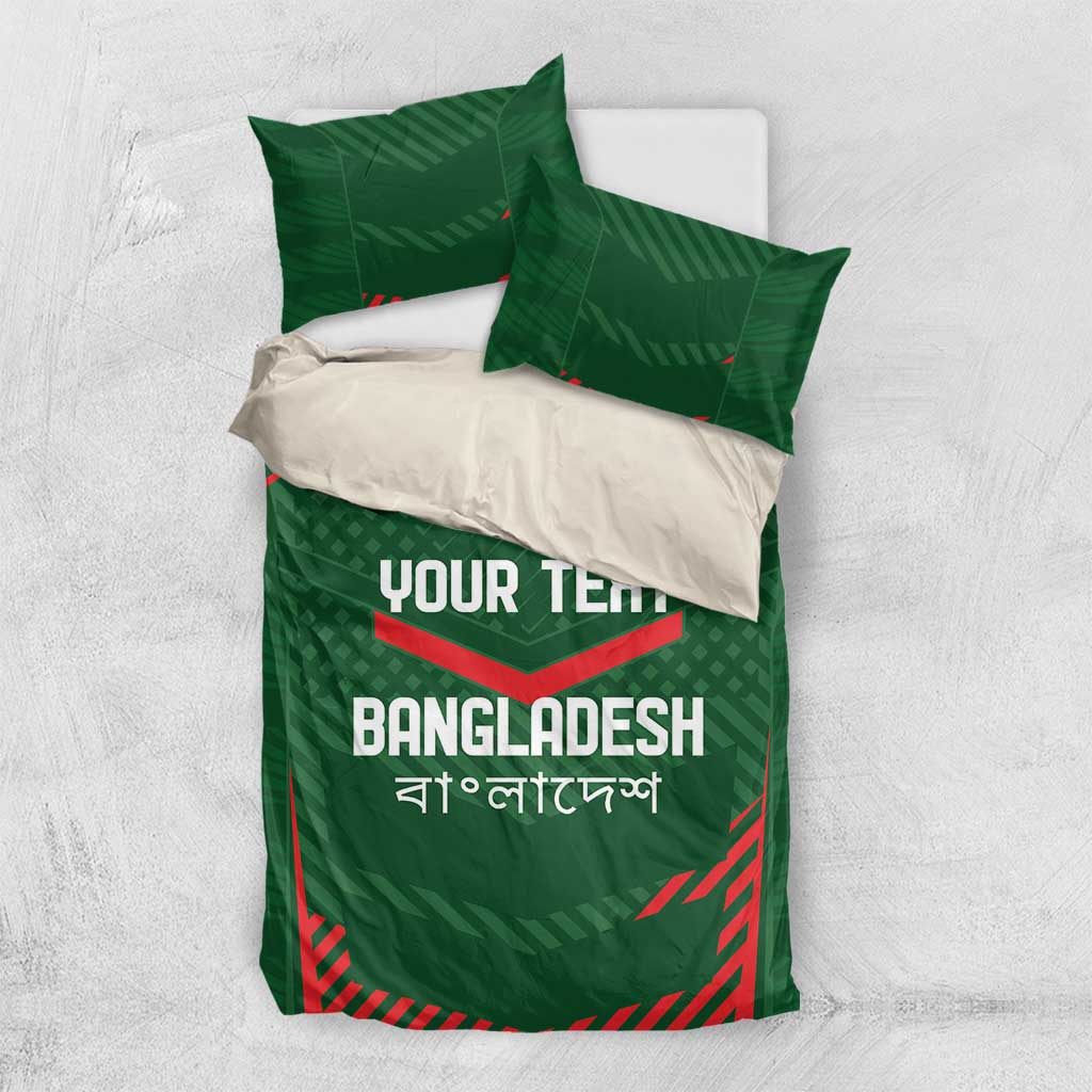 Green bedding set with red emblem and 'YOUR TEXT' Bangladesh print on duvet