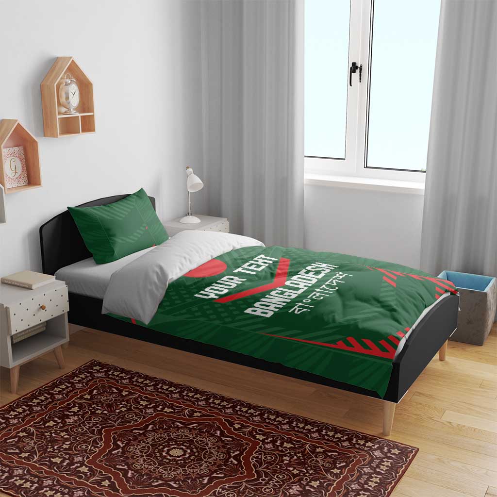 Green cricket bedding set with red emblem on duvet and matching pillowcases