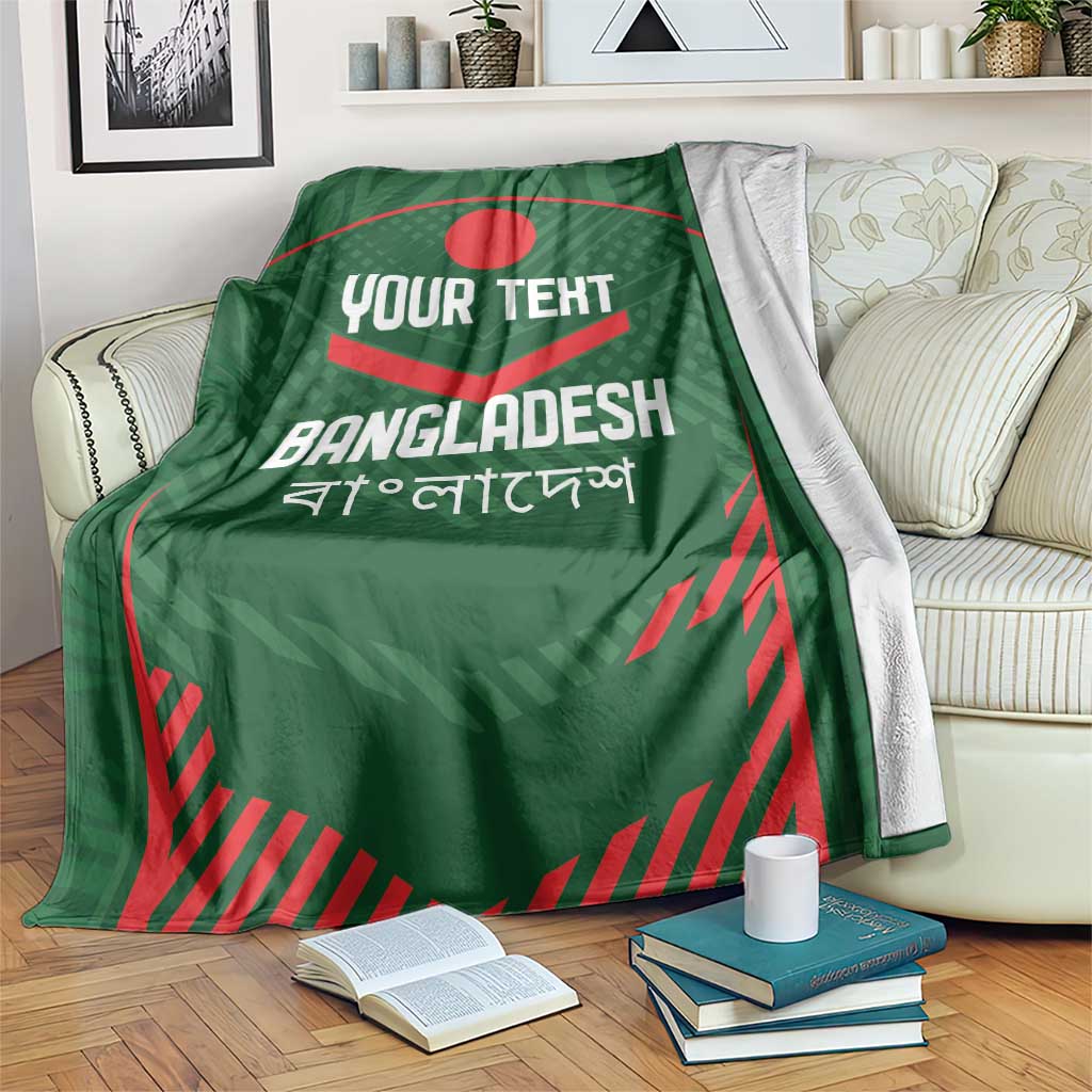 Green Bangladesh cricket blanket with custom text, red emblem and striped pattern.