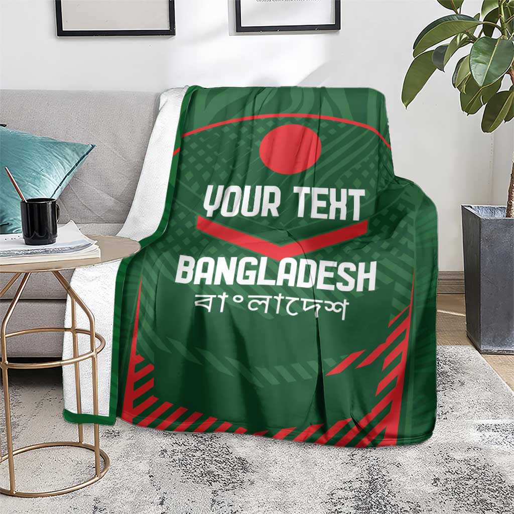 Green Bangladesh cricket blanket on floor with red emblem and custom text.