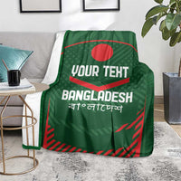 Green Bangladesh cricket blanket on floor with red emblem and custom text.