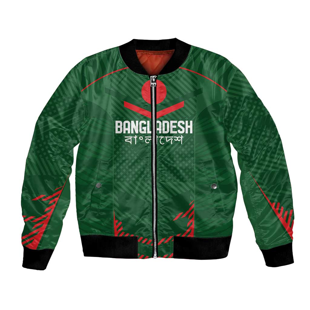 Green unisex bomber jacket, full-zip front, black ribbed cuffs, printed Bangladesh cricket graphic
