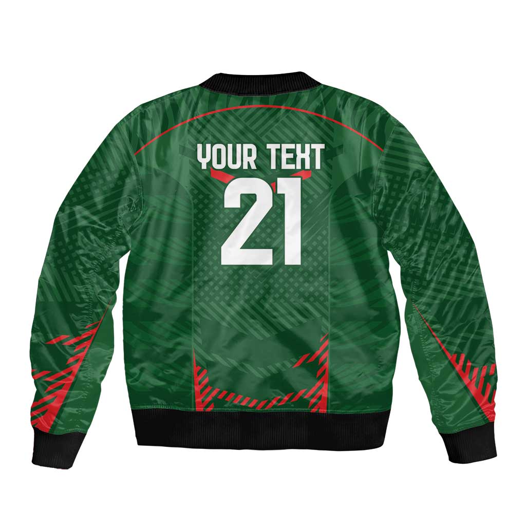 Green unisex bomber jacket, back print 'YOUR TEXT 21', black ribbed hem and cuffs