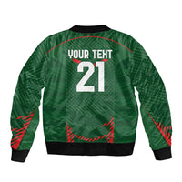 Green unisex bomber jacket, back print 'YOUR TEXT 21', black ribbed hem and cuffs