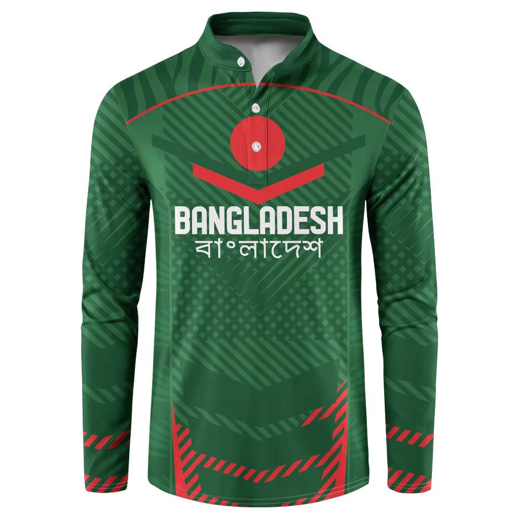 Green cricket button henley sweatshirt with Bangladesh chest logo and red accents