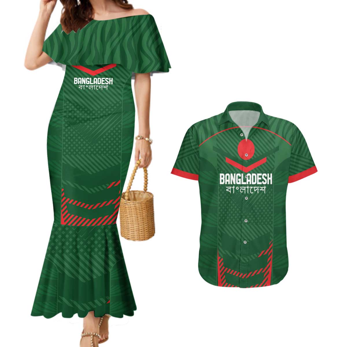 Custom Bangladesh Cricket Couples Matching Mermaid Dress and Hawaiian Shirt Go Tigers Sporty Version LT9 - Wonder Print Shop