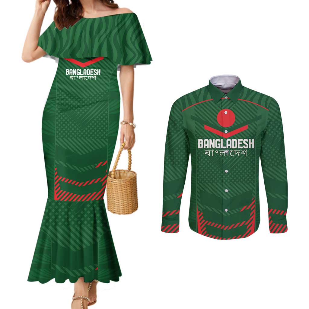 Custom Bangladesh Cricket Couples Matching Mermaid Dress and Long Sleeve Button Shirt Go Tigers Sporty Version