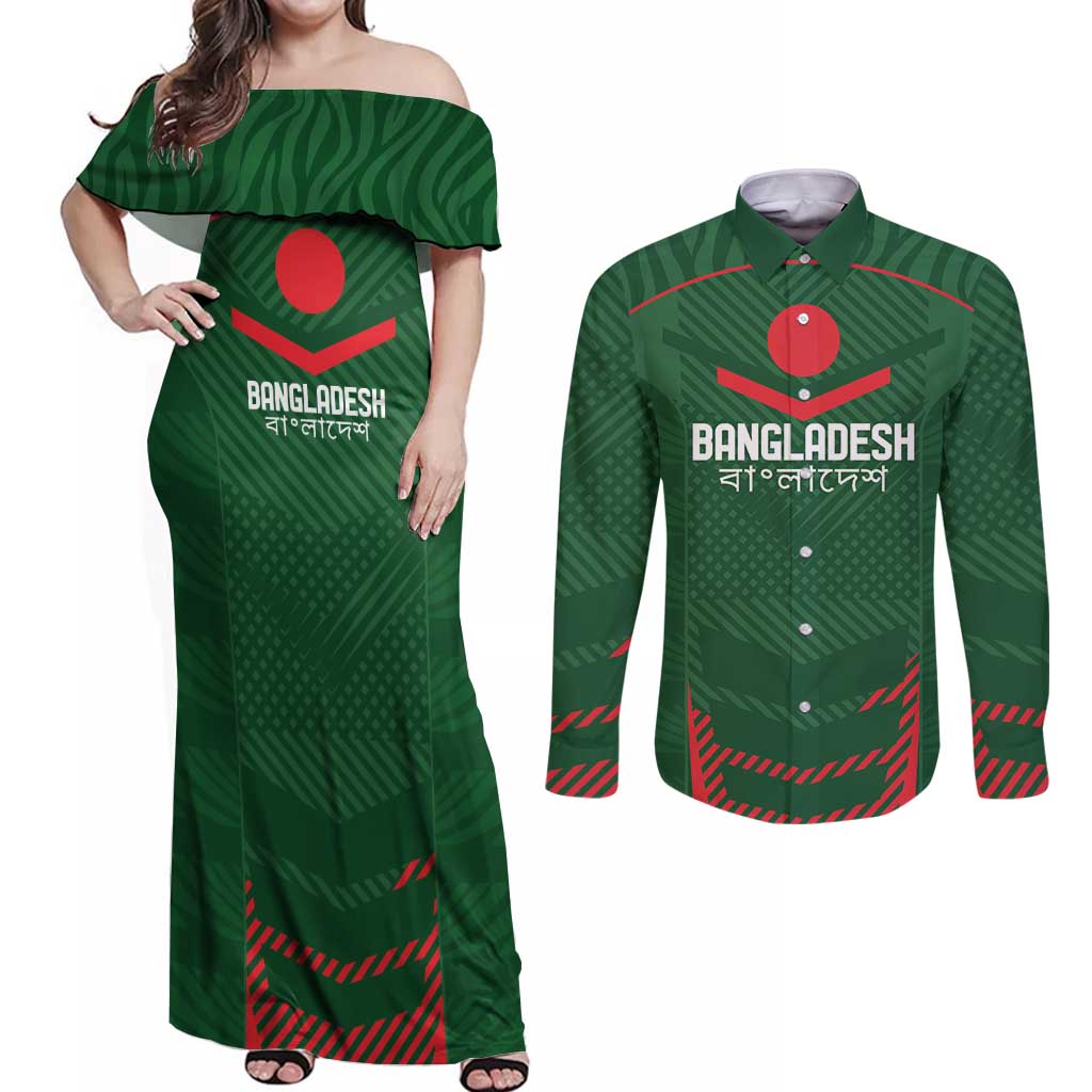 Custom Bangladesh Cricket Couples Matching Off Shoulder Maxi Dress and Long Sleeve Button Shirt Go Tigers Sporty Version LT9 - Wonder Print Shop