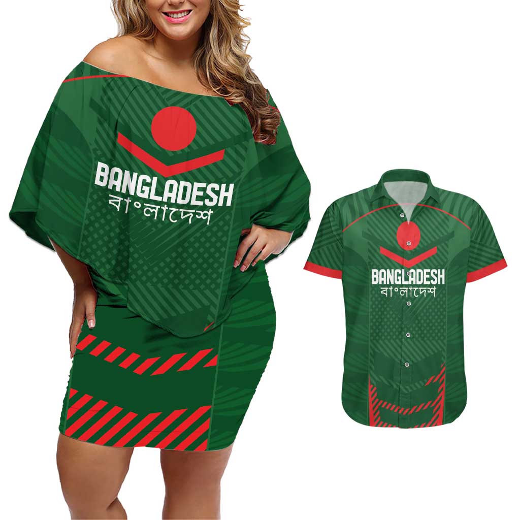 Custom Bangladesh Cricket Couples Matching Off Shoulder Short Dress and Hawaiian Shirt Go Tigers Sporty Version LT9 - Wonder Print Shop