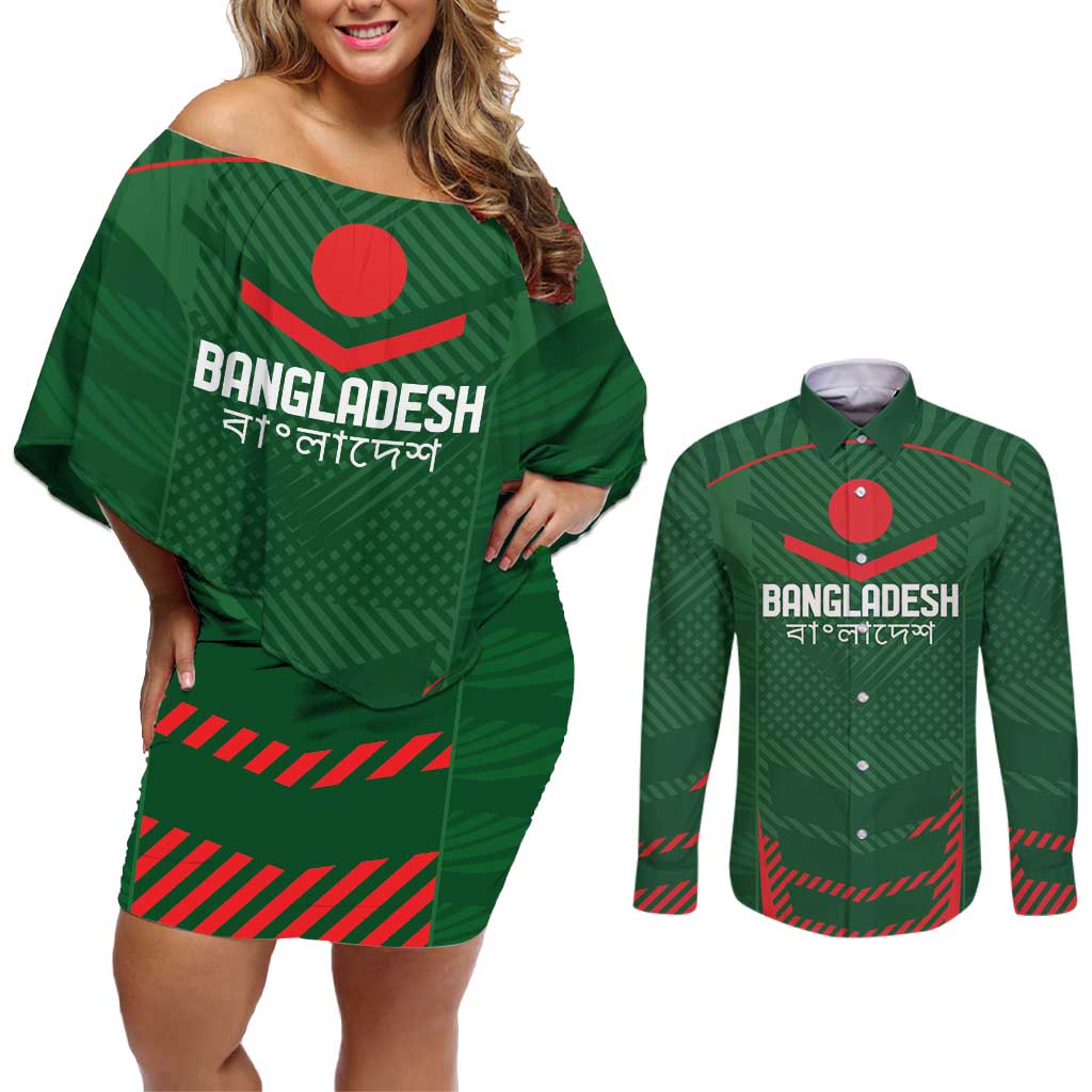 Custom Bangladesh Cricket Couples Matching Off Shoulder Short Dress and Long Sleeve Button Shirt Go Tigers Sporty Version LT9 - Wonder Print Shop