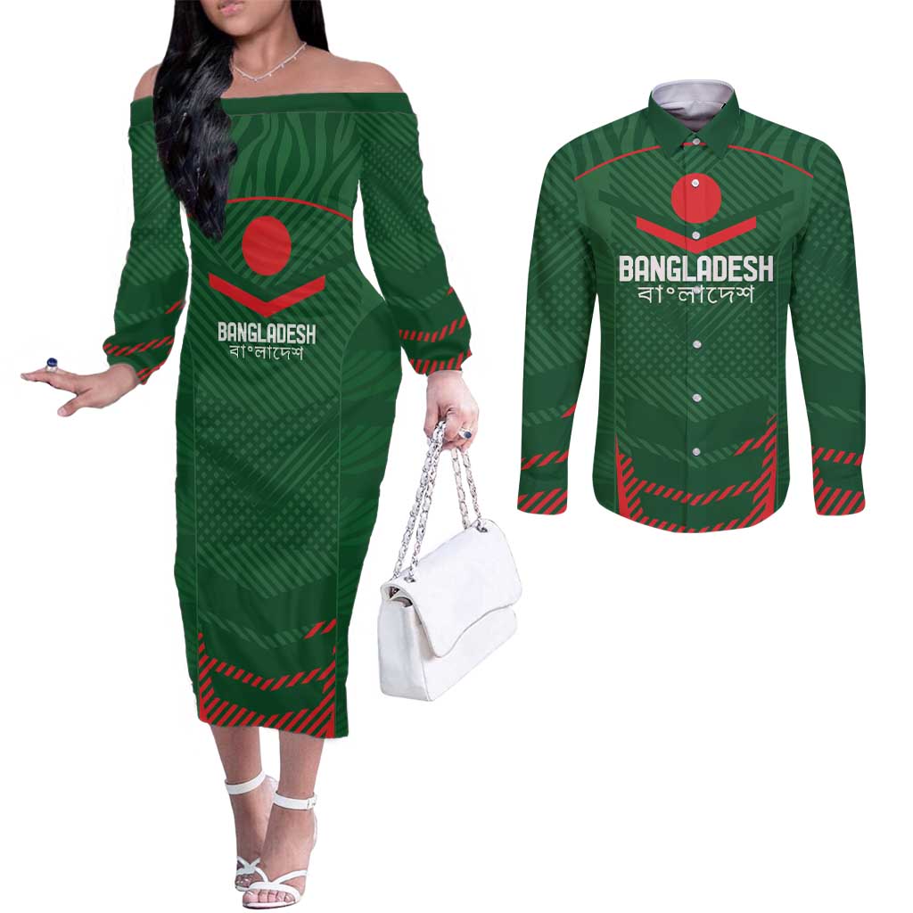 Custom Bangladesh Cricket Couples Matching Off The Shoulder Long Sleeve Dress and Long Sleeve Button Shirt Go Tigers Sporty Version