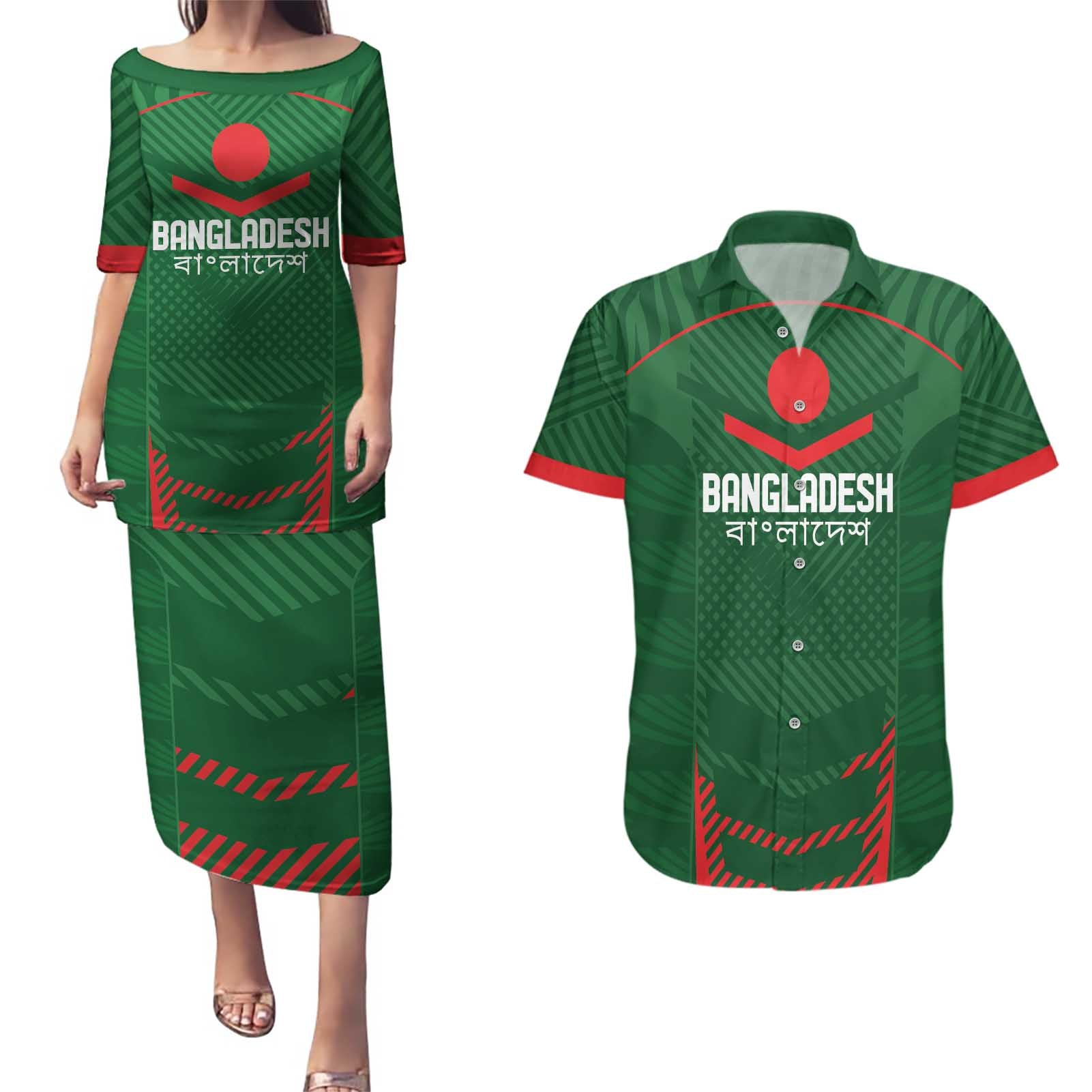 Custom Bangladesh Cricket Couples Matching Puletasi and Hawaiian Shirt Go Tigers Sporty Version LT9 - Wonder Print Shop