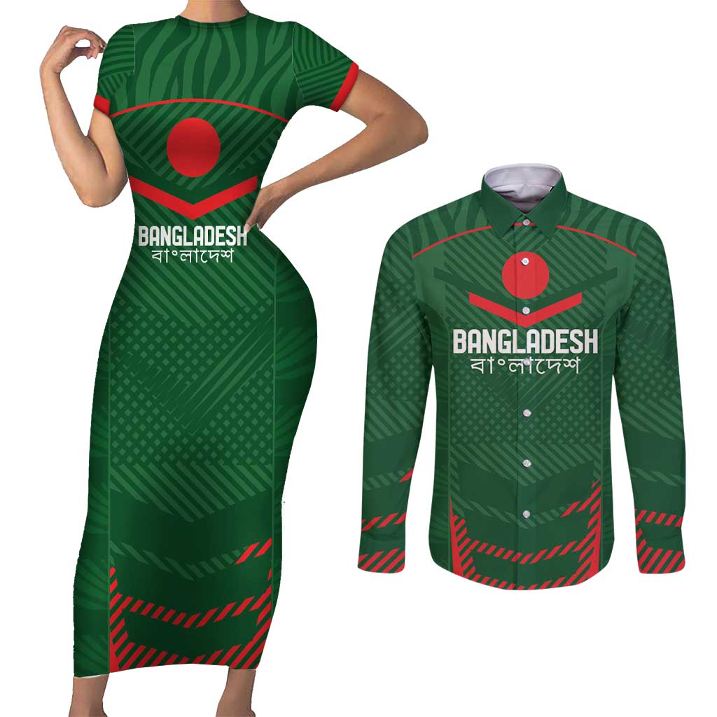 Custom Bangladesh Cricket Couples Matching Short Sleeve Bodycon Dress and Long Sleeve Button Shirt Go Tigers Sporty Version LT9 - Wonder Print Shop