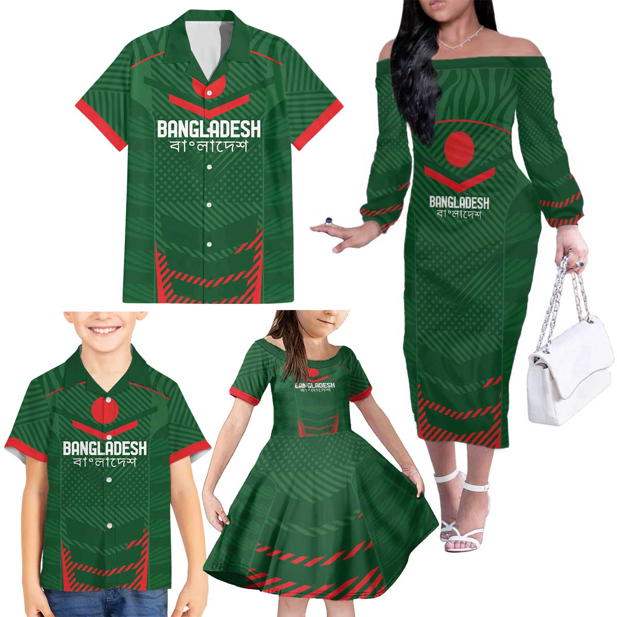 Custom Bangladesh Cricket Family Matching Off The Shoulder Long Sleeve Dress and Hawaiian Shirt Go Tigers Sporty Version - Wonder Print Shop