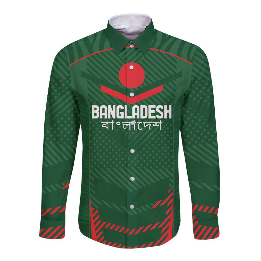 Green long-sleeve button cricket shirt with BANGLADESH chest print and red accents