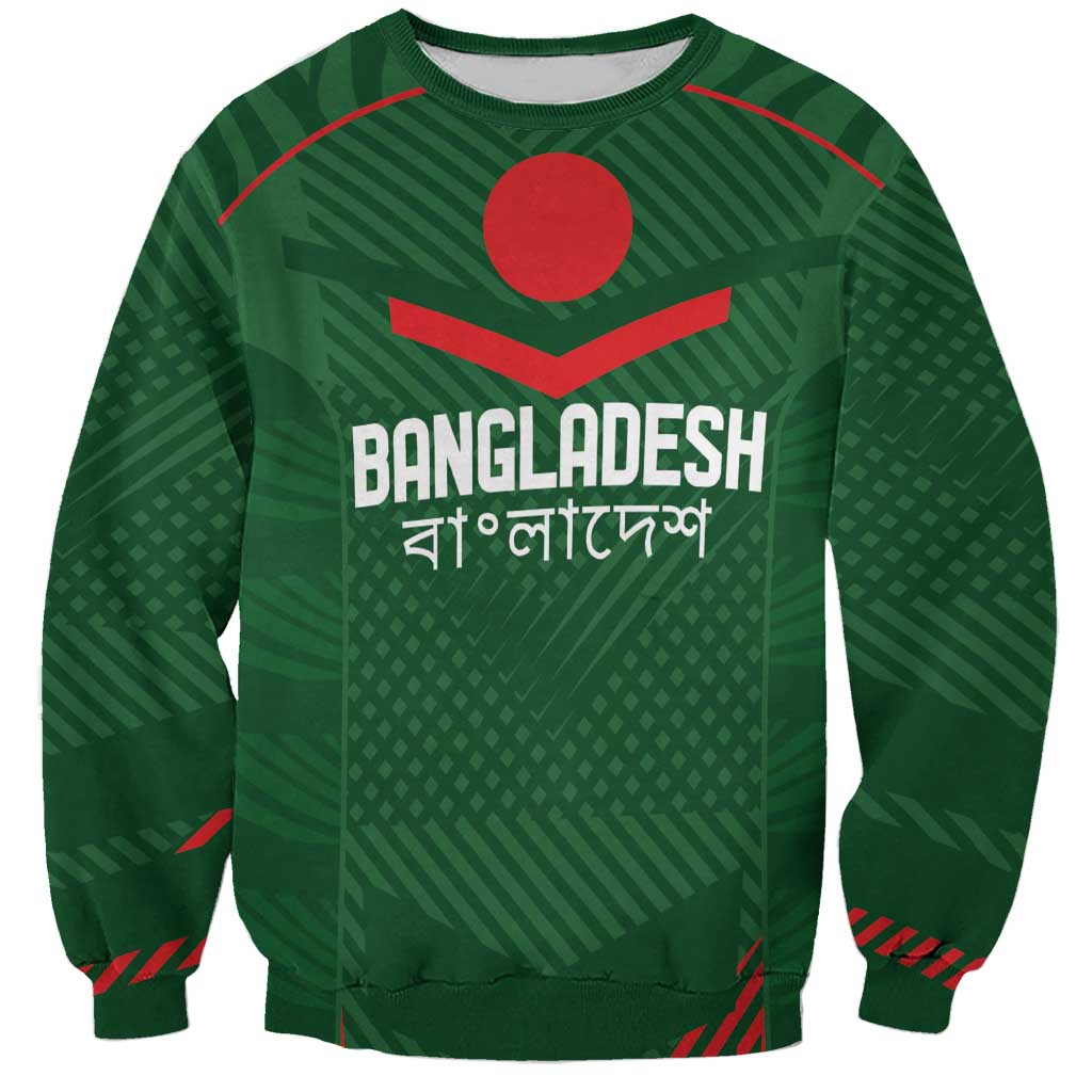 Green cricket sweatshirt with Bangladesh crest logo and 'BANGLADESH' text, crewneck long sleeves