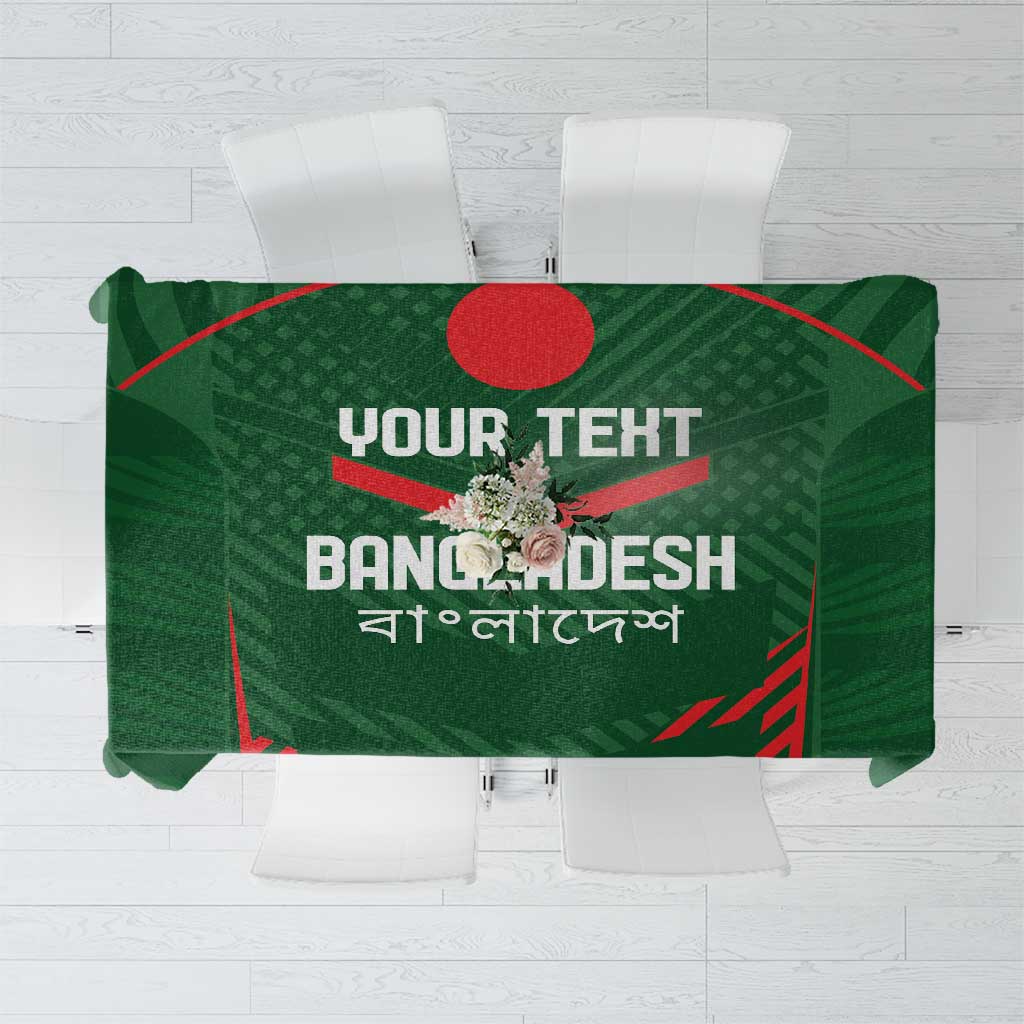 Green custom cricket tablecloth with red cricket-themed border and “BANGLADESH” text