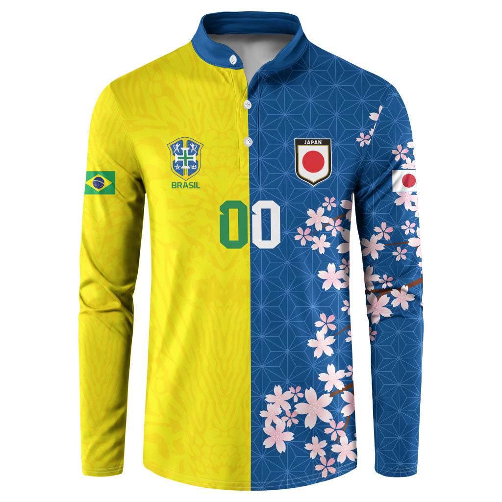 Custom Brazil Japan Football Button Sweatshirt Cultural Fusion Heritage