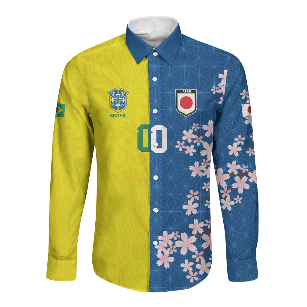 Custom Brazil Japan Football Long Sleeve Button Shirt Cultural Fusion Heritage