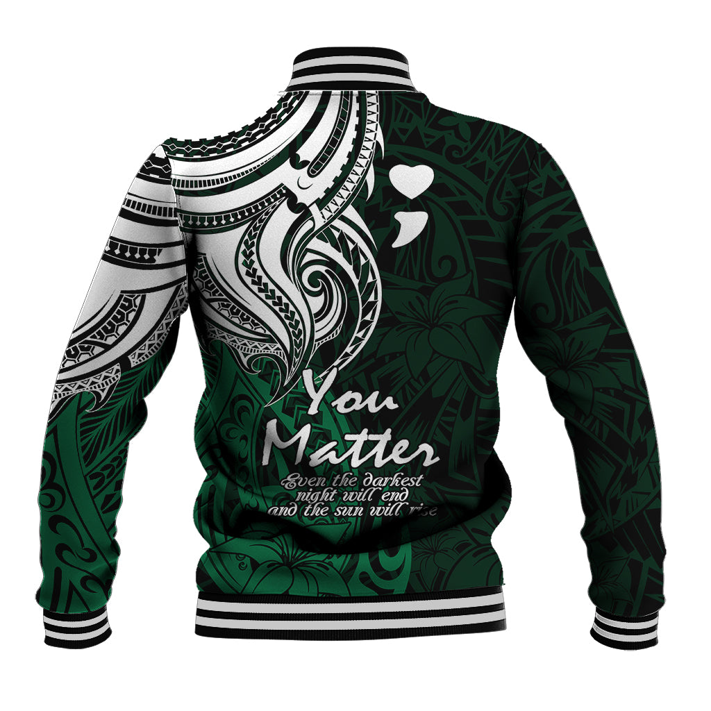 Green baseball jacket with large black/white tribal back print, striped collar and hem