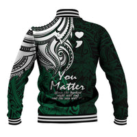 Green baseball jacket with large black/white tribal back print, striped collar and hem