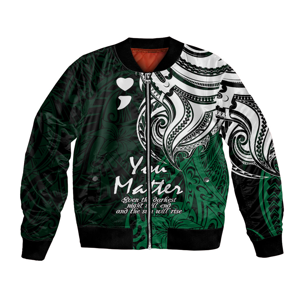Green bomber jacket with black-and-white tribal print, front zipper and ribbed collar cuffs