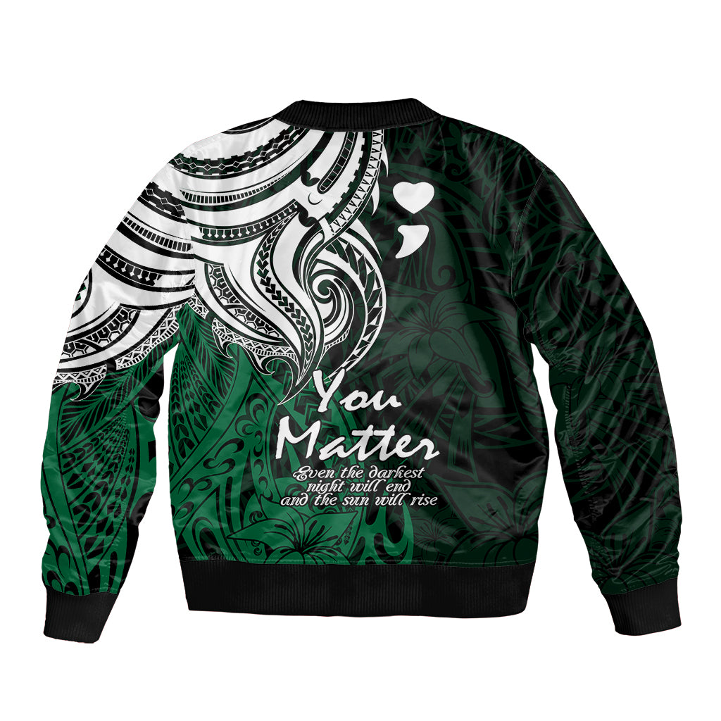 Green bomber jacket with large back tribal graphic, ribbed hem and cuffs