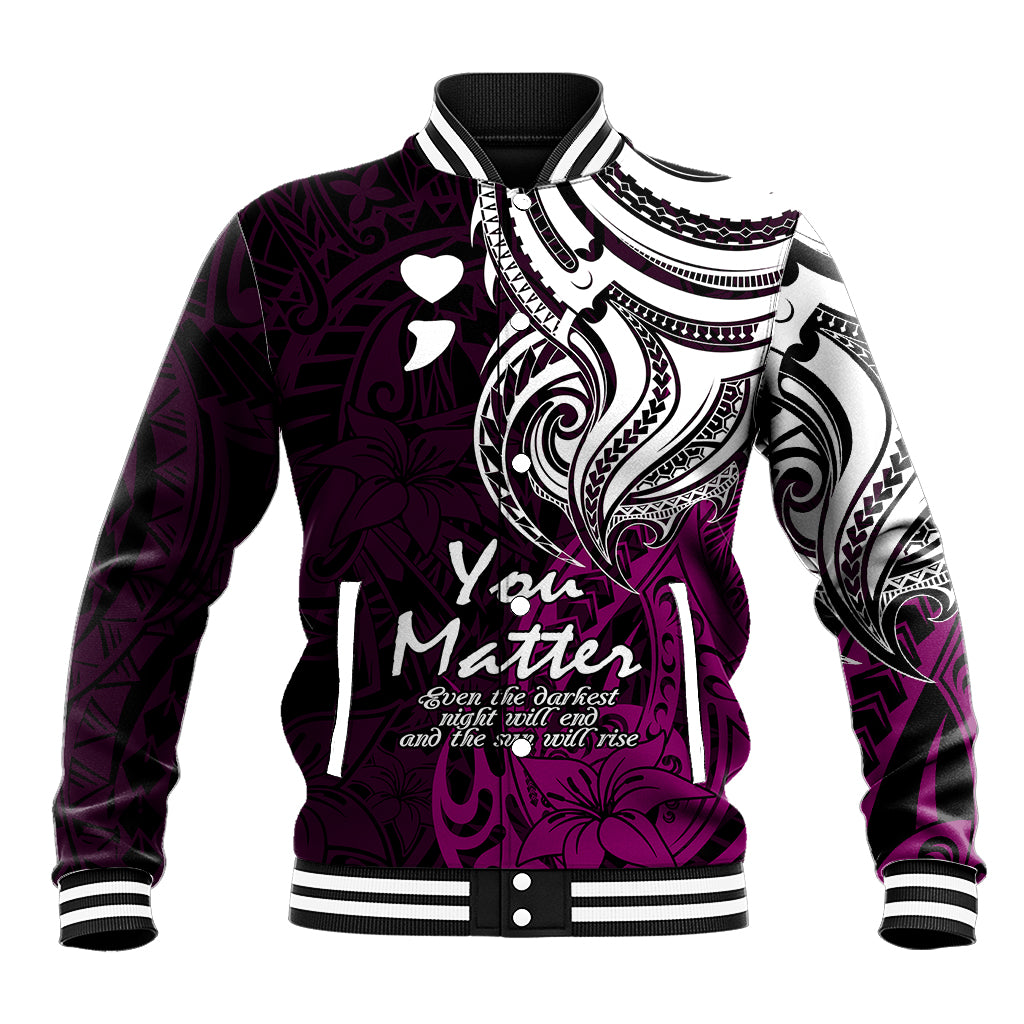 Pink baseball jacket with black-and-white ribbed collar, varsity snap front, tribal print