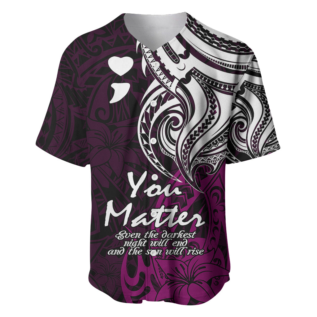 Dark purple baseball jersey with Polynesian tribal print, white hearts, and You Matter text