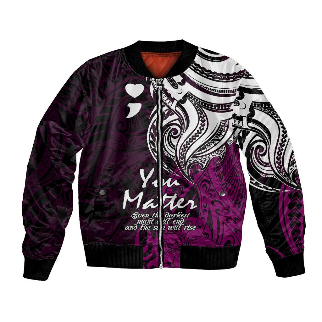 Purple bomber jacket with white tribal print, hearts, and ribbed collar & cuffs