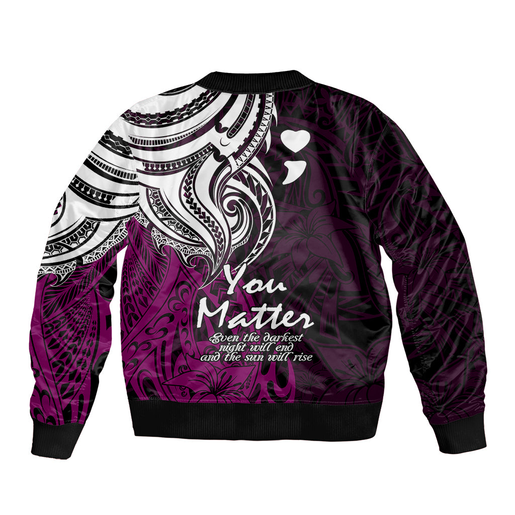 Purple bomber jacket with large white tribal back print, hearts, and ribbed hem