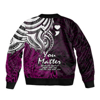 Purple bomber jacket with large white tribal back print, hearts, and ribbed hem