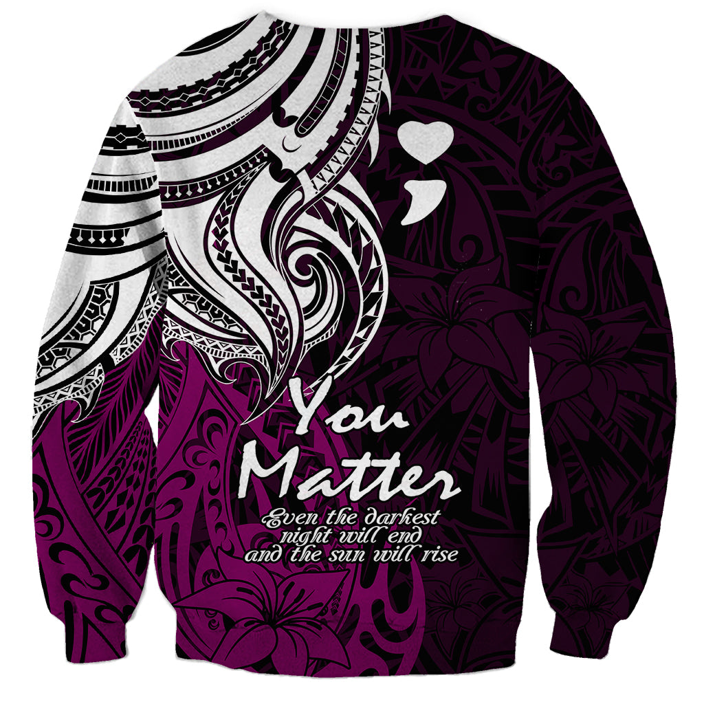 Crewneck sweatshirt with dark purple base, large white tribal graphic, hearts, and 'You Matter' slogan
