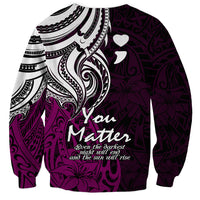 Crewneck sweatshirt with dark purple base, large white tribal graphic, hearts, and 'You Matter' slogan
