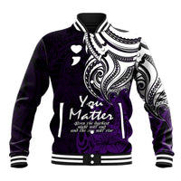 Unisex purple baseball jacket with white tribal print, hearts, and striped ribbed collar.