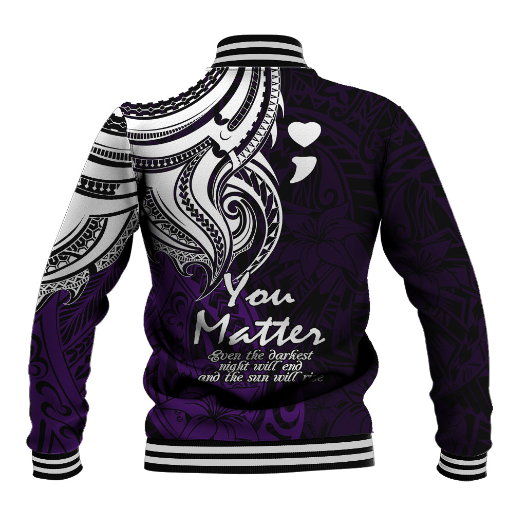 Unisex purple baseball jacket back with large white tribal graphic and striped ribbed hem.