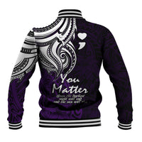 Unisex purple baseball jacket back with large white tribal graphic and striped ribbed hem.