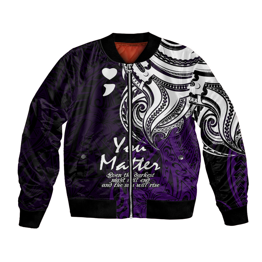 Purple bomber jacket with black collar, tribal print, hearts, and front zip detail