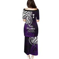 Long purple tribal print dress with Your Matter text on back, short sleeves