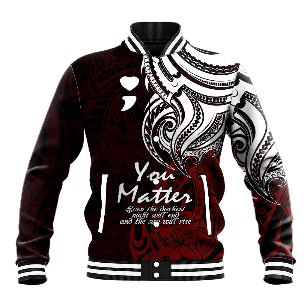 Unisex red baseball jacket with black, white tribal print, striped collar and cuffs