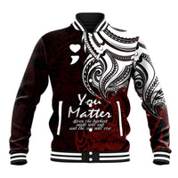 Unisex red baseball jacket with black, white tribal print, striped collar and cuffs