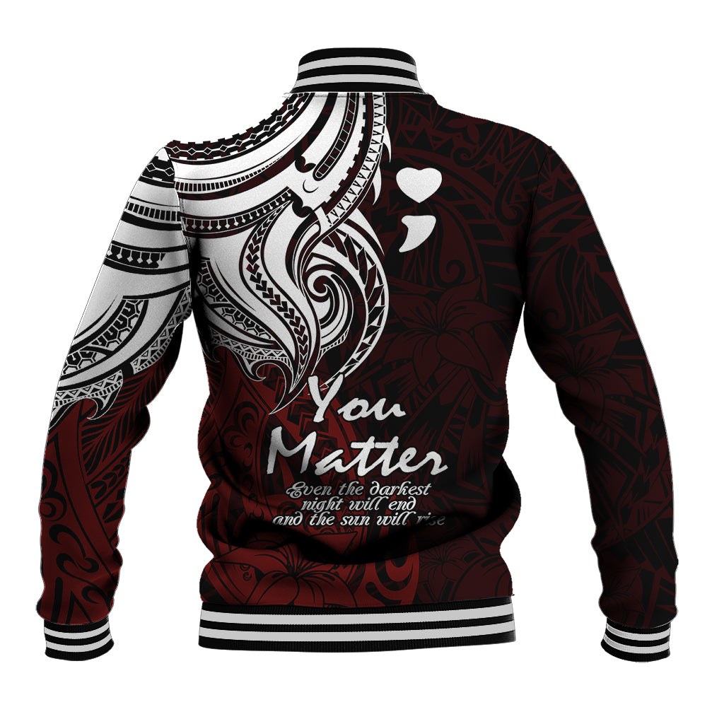 Unisex red baseball jacket with back tribal graphic, striped ribbed collar and hem