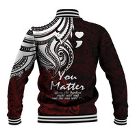 Unisex red baseball jacket with back tribal graphic, striped ribbed collar and hem