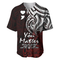 Red baseball jersey with tribal black/white print, hearts, and 'You Matter' front