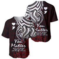 Pair of red baseball jerseys, front and back, with tribal black/white print and hearts