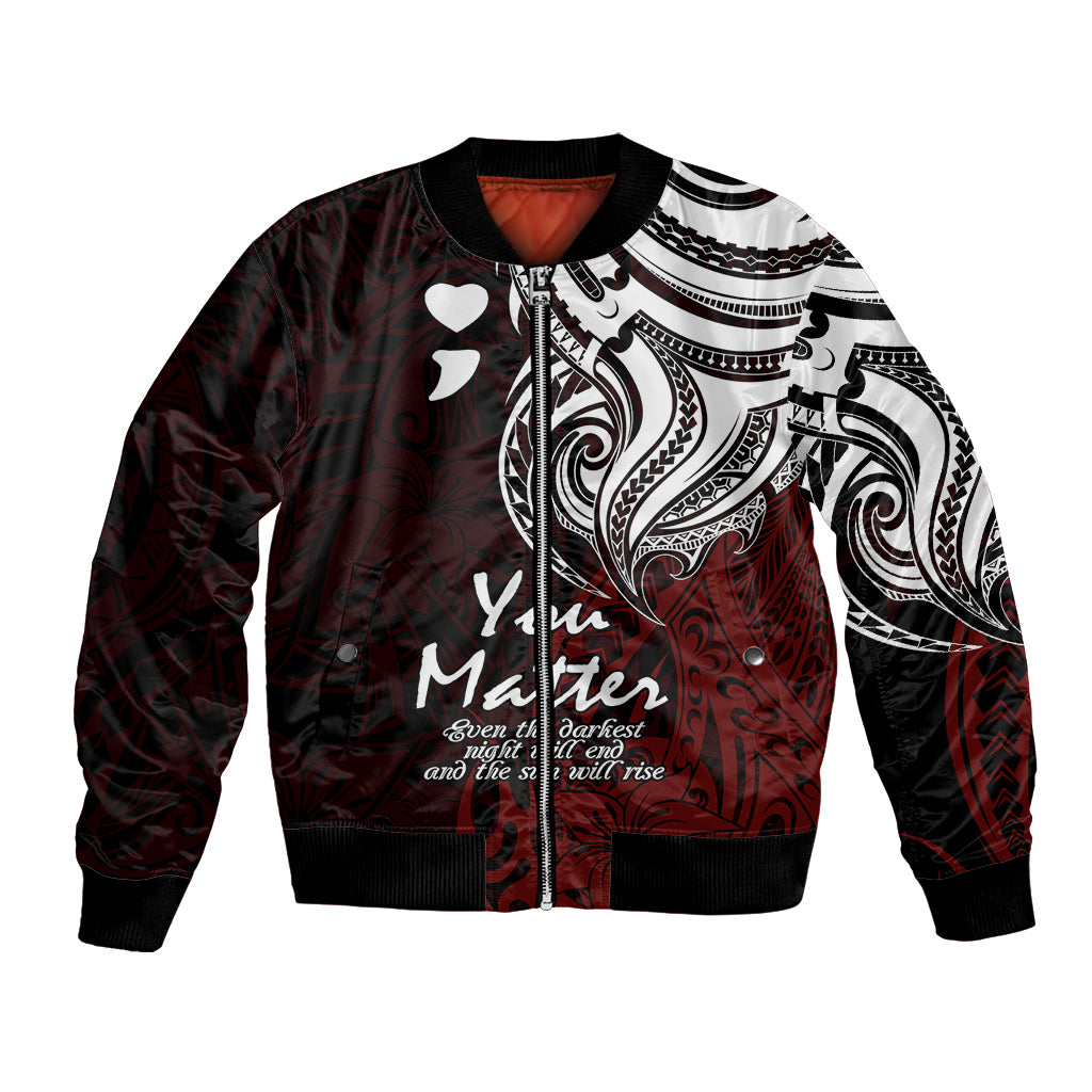 Red bomber jacket with black trim, white tribal print, hearts, and front zipper
